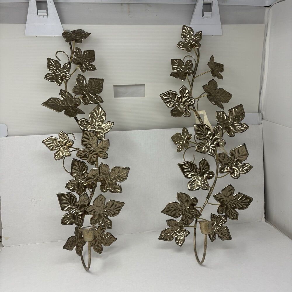 Vtg Home Interiors Gold Ivy Wall Sconce Pair Weaver Mfg Made in USA With Tag